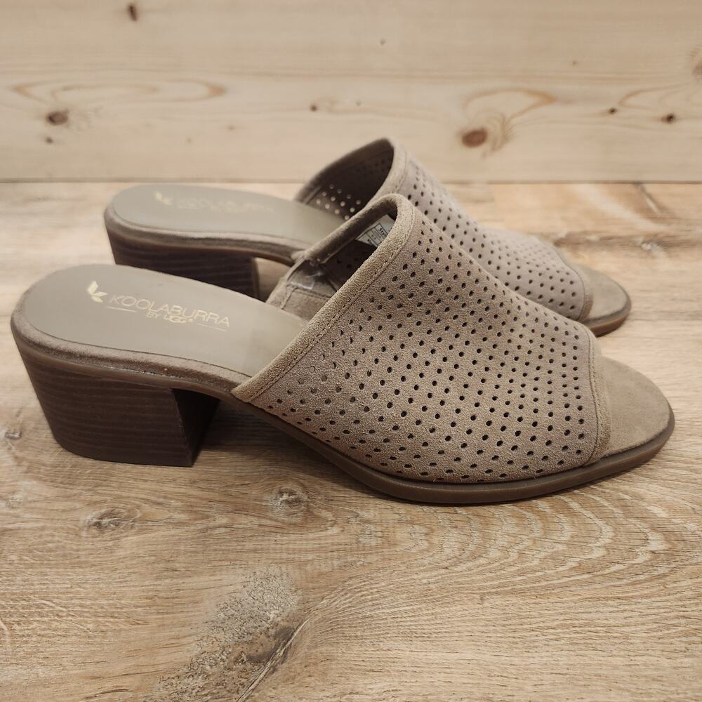 Koolaburra UGG Raychel Perforated Suede Block Heel Slip-On Sandals Tan Women 9.5